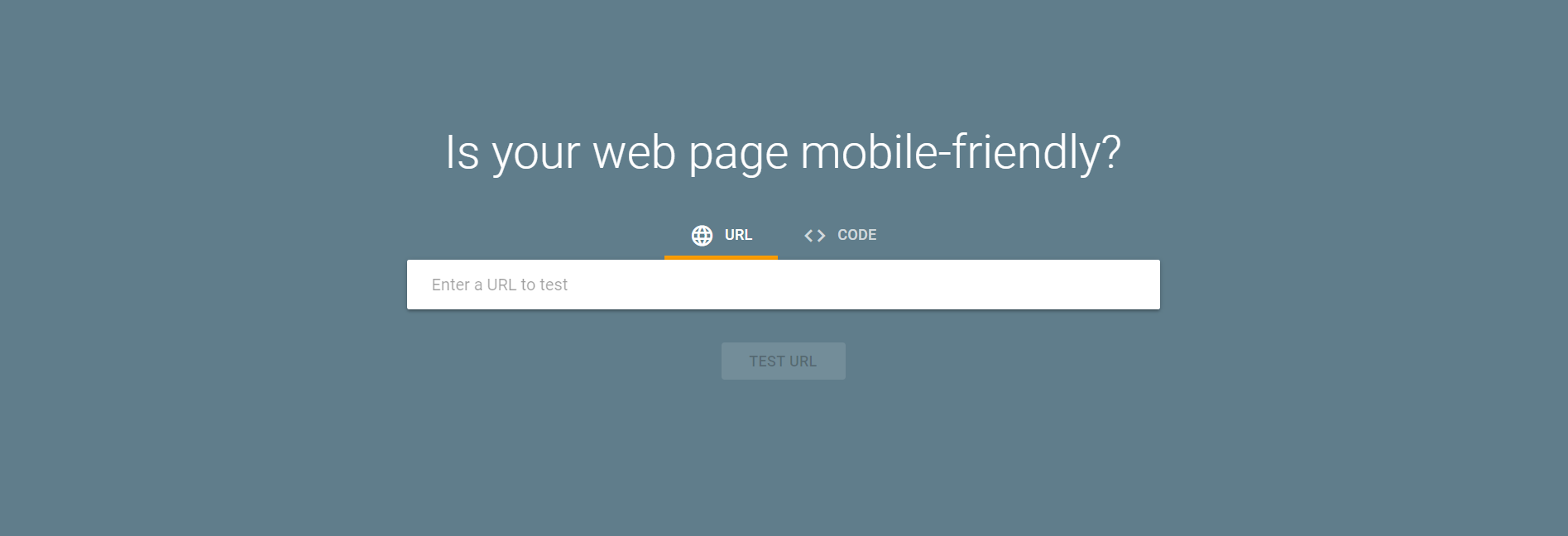 Screenshot of the Mobile Frienly Test Google website. The question: is your web page mobile friendly? Under that, we have a place to paste the website URL.